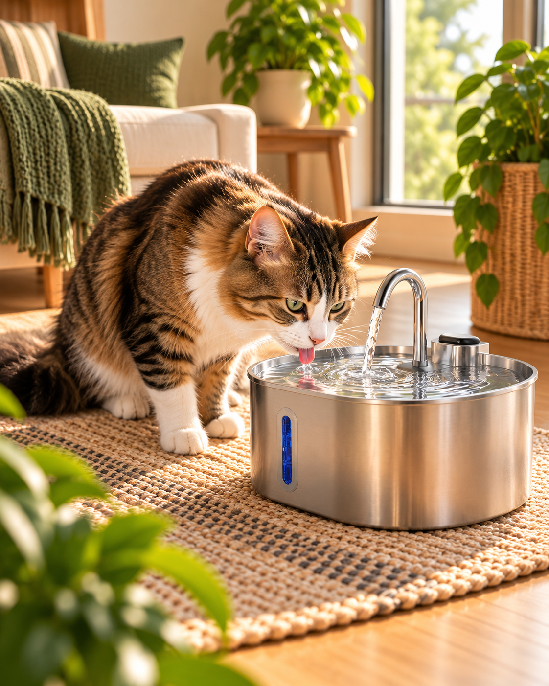 Cat drinking from a stainless-steel water fountain